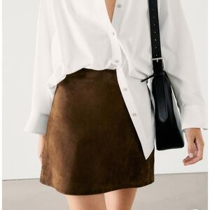 Massimo Dutti L Suede leather mini skirt | Brown | back zip| NWT